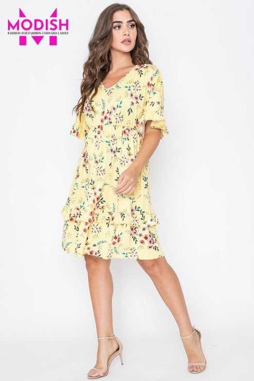 Floral V Neck Ruffle Dress-Modish