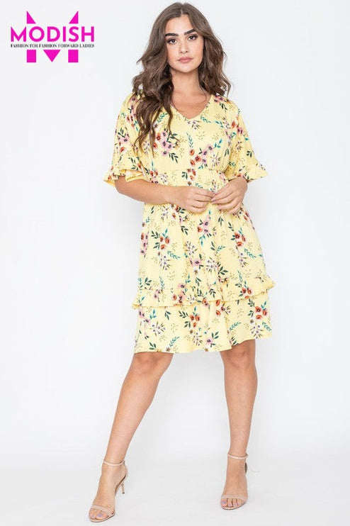 Floral V Neck Ruffle Dress-Modish