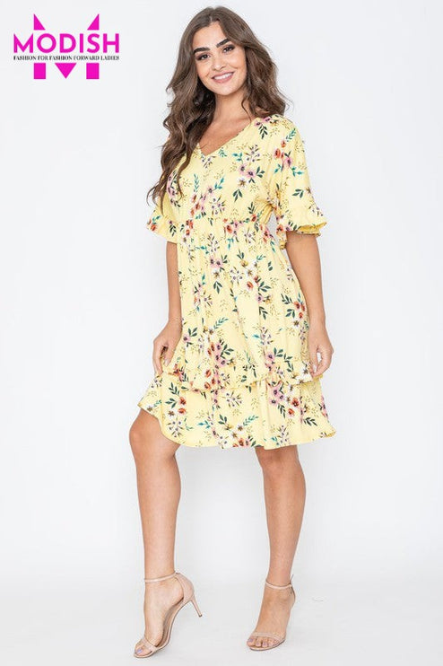 Floral V Neck Ruffle Dress-Modish