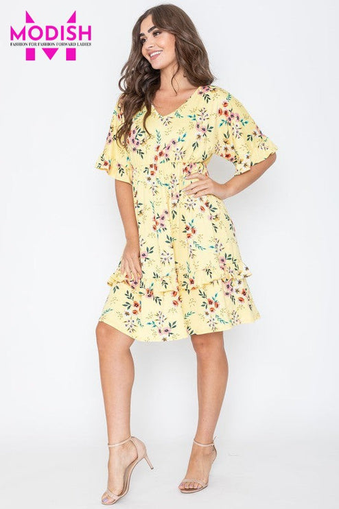 Floral V Neck Ruffle Dress-Modish