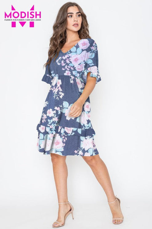 Floral V Neck Ruffle Dress-Modish