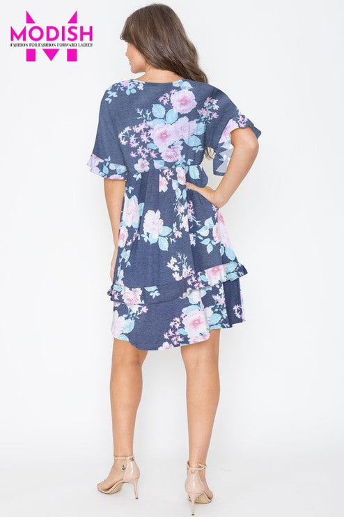 Floral V Neck Ruffle Dress-Modish