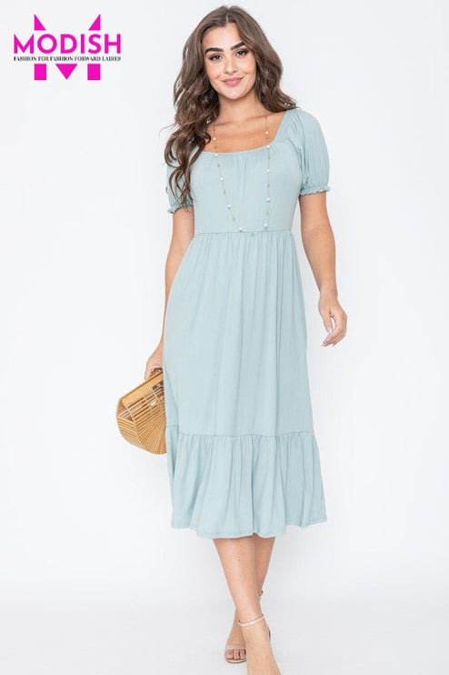 Square Neck Puff Sleeve Boho Dress-Modish