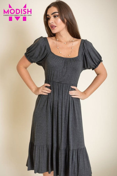 Square Neck Puff Sleeve Boho Dress-Modish