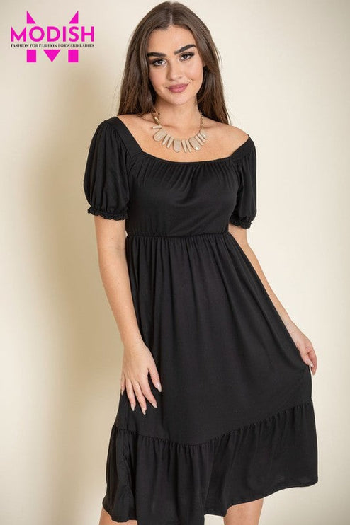 Square Neck Puff Sleeve Boho Dress-Modish