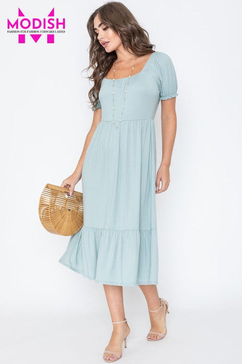 Square Neck Puff Sleeve Boho Dress-Modish