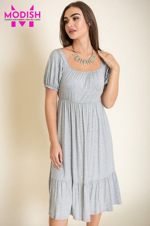 Square Neck Puff Sleeve Boho Dress-Modish