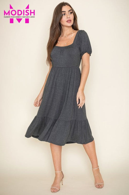 Square Neck Puff Sleeve Boho Dress-Modish