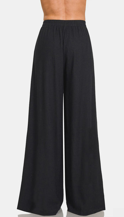 Zenana Pleated Linen Blend Wide Leg Pants-Modish