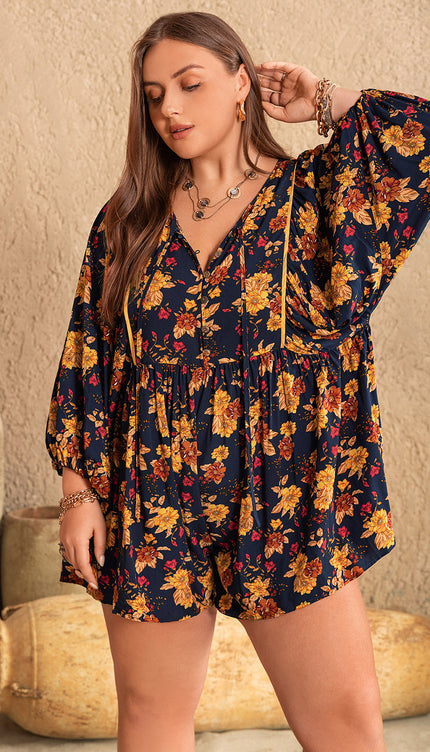 Modish Rustic Chic Plus Size Floral Tie Neck Balloon Sleeve Romper