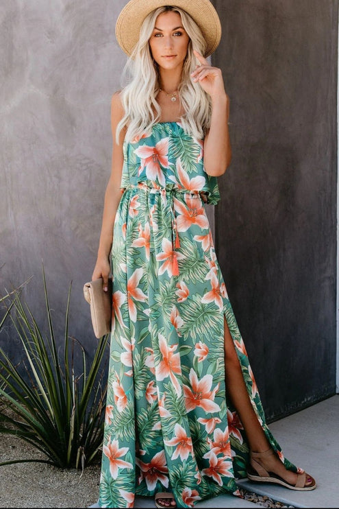 Modish - Modish Rustic Chic Slit Tropical Tube Dress