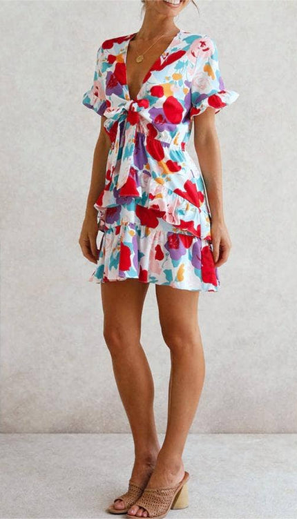 Summer Bow Short Sleeve Floral Print Babydoll Dress