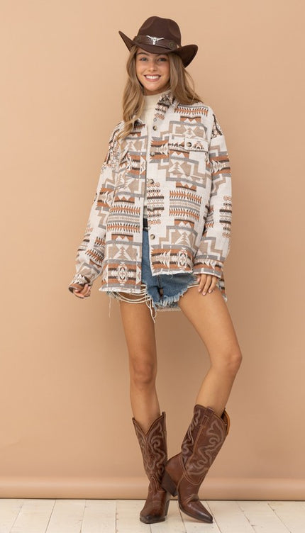 Frayed Aztec Western Shacket