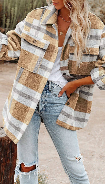 Women's Plaid Button Flannel Shirt Jacket