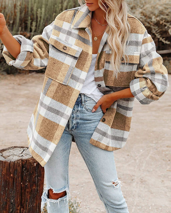 Women's Plaid Button Flannel Shirt Jacket