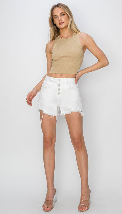 RISEN Button Fly Frayed Hem Denim Shorts-Modish