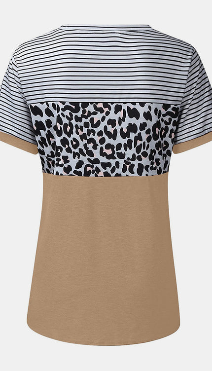 Modish Rustic Chic Striped Leopard Round Neck Shirt