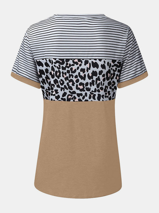 Modish Rustic Chic Striped Leopard Round Neck Shirt