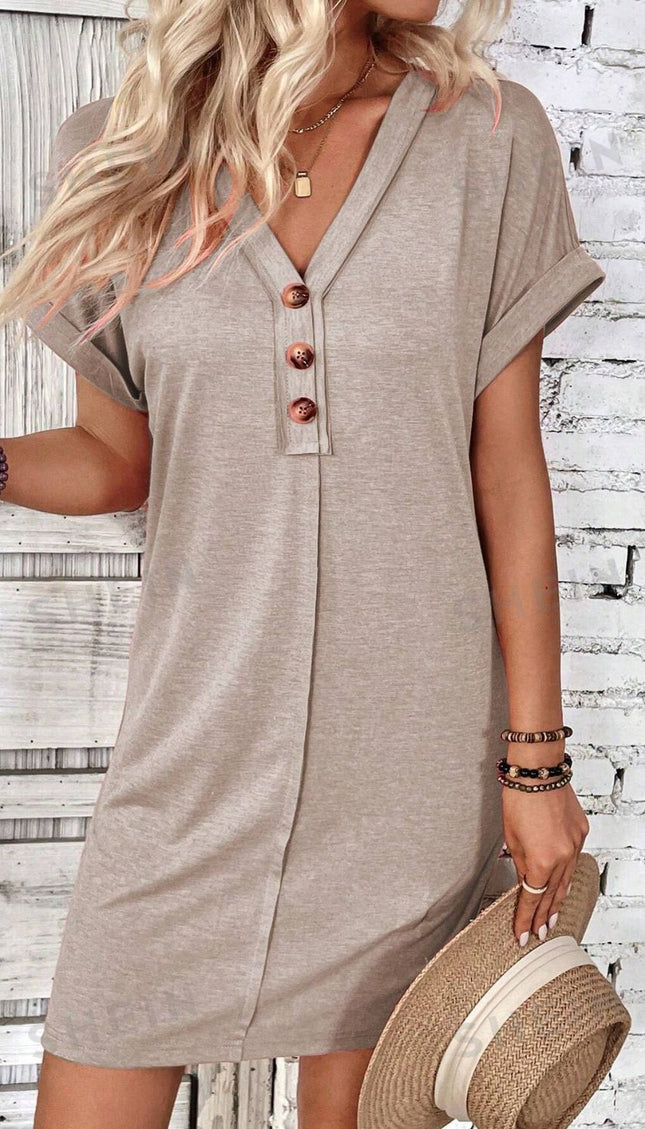 Modish - Quarter Button V-Neck Short Sleeve Dress