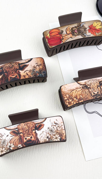 Western cowboy style cow head pattern PU leather Hair clips