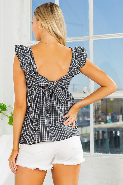 Ruffle Sleeve Tie Back Gingham Top-Modish