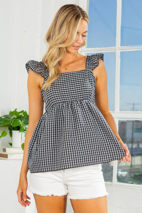 Ruffle Sleeve Tie Back Gingham Top-Modish