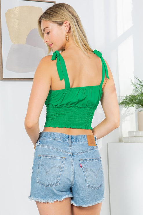 Cut Out Tie Shoulder Smocked Waist Top-Modish