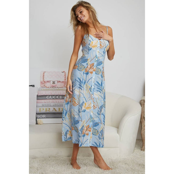 OPEN BACK WITH TIE TROPICAL PRINT DRESS