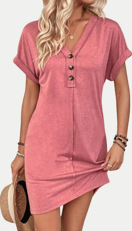 Modish - Quarter Button V-Neck Short Sleeve Dress