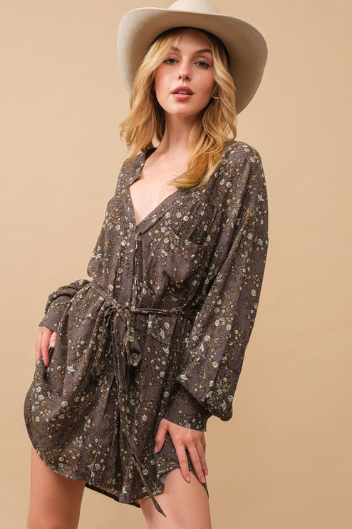 Modish Ditsy Floral Raw Shift Shirt Dress