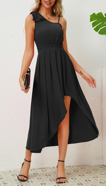 Bow Asymmetrical Neck Sleeveless Dress