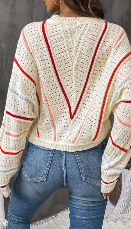 Eyelet Round Neck Long Sleeve Sweater