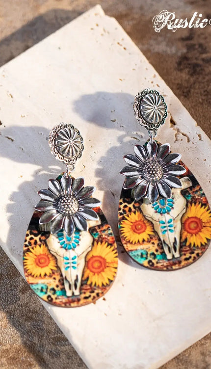 Couture's Sunflower Painted Bull Skull Sunflower earrings