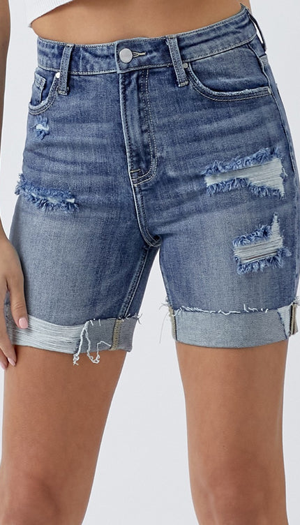 RISEN Full Size Distressed Rolled Denim Shorts with Pockets-Modish