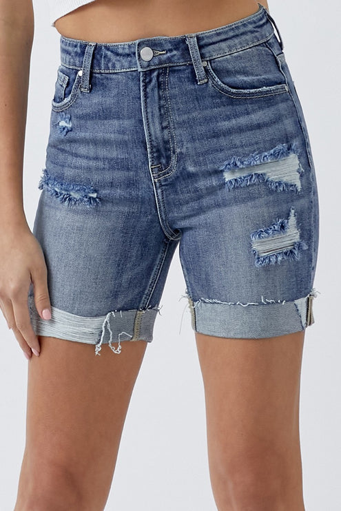 RISEN Full Size Distressed Rolled Denim Shorts with Pockets-Modish