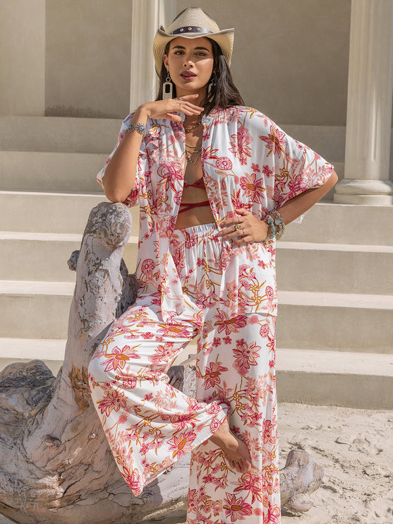 Modish Print Open Front Top and Pants Set