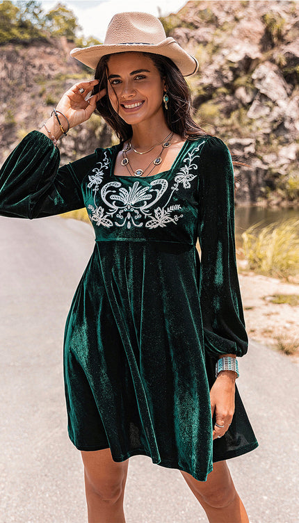 Modish Rustic Chic Embroidered Square Neck Dress