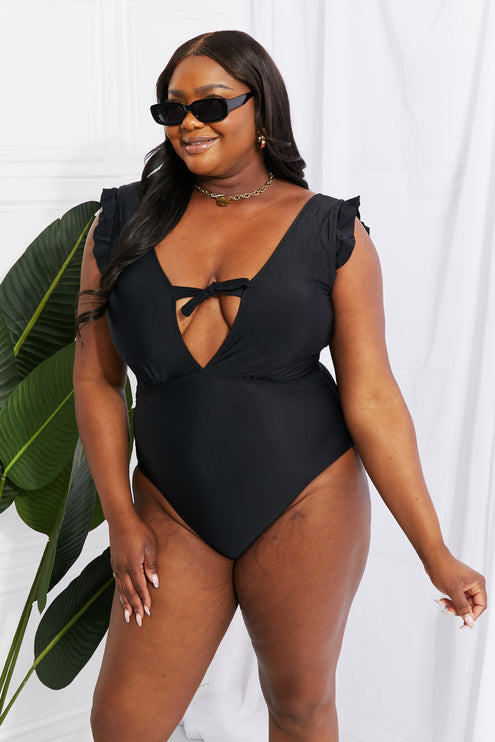 Marina West Swim Seashell Ruffle Sleeve One-Piece in Black-Modish