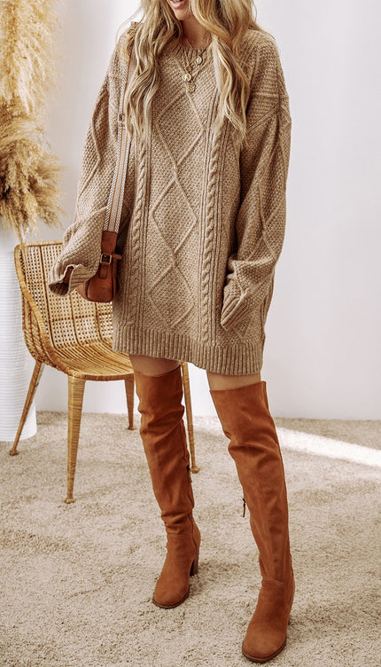 Cable-Knit Round Neck Sweater Dress