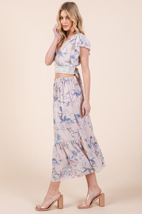 Floral Print Skirt Set with Tie Back Blouse-Modish