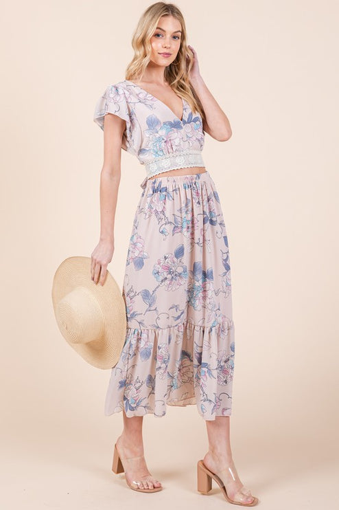 Floral Print Skirt Set with Tie Back Blouse-Modish