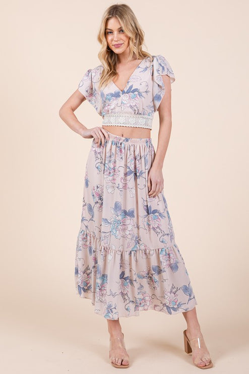 Floral Print Skirt Set with Tie Back Blouse-Modish