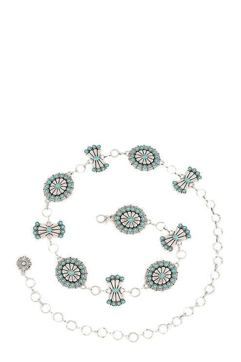 Turquoise Concho Disc Western Chain Belt-Modish