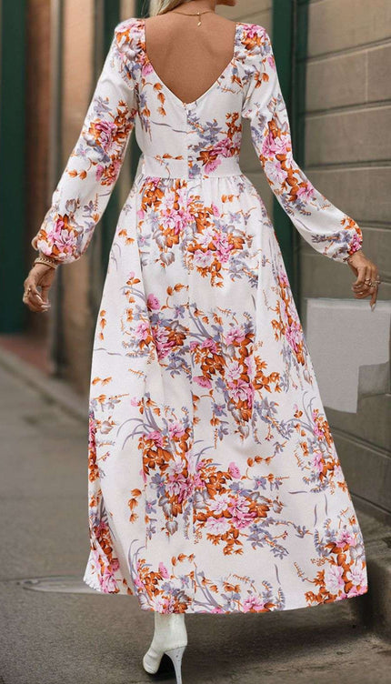 Perfee Slit Printed Surplice Long Sleeve Maxi Dress