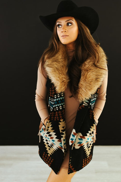 Black Aztec W Fur Collar Vest