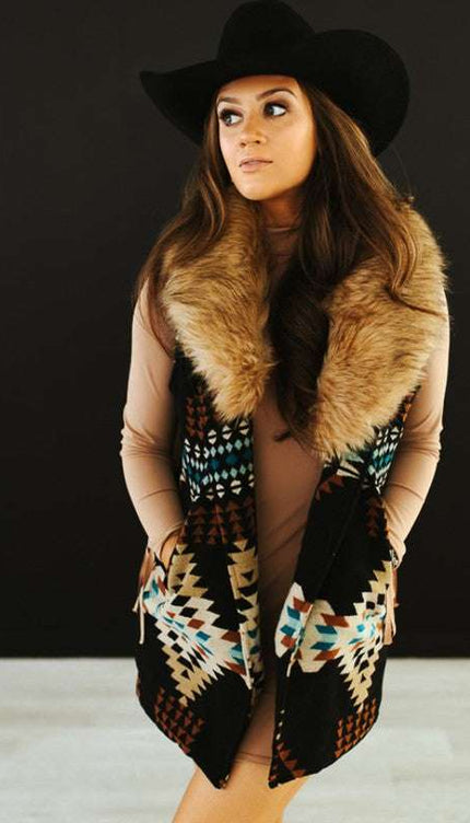 Black Aztec Fur Collar Vest