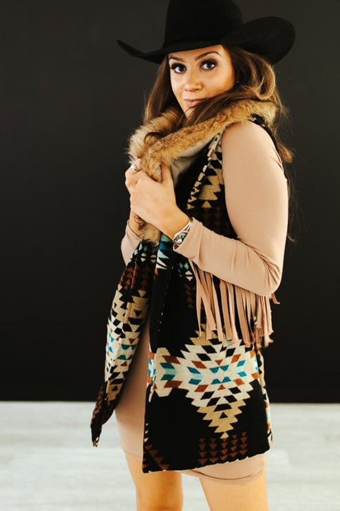 Black Aztec W Fur Collar Vest