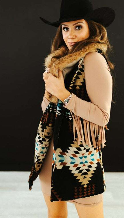 Black Aztec Fur Collar Vest