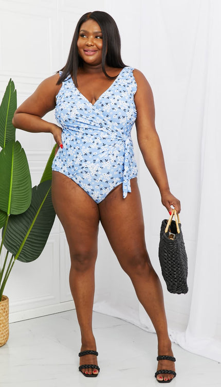 Marina West Swim Full Size Float On Ruffle Faux Wrap One-Piece in Blossom Blue-Modish