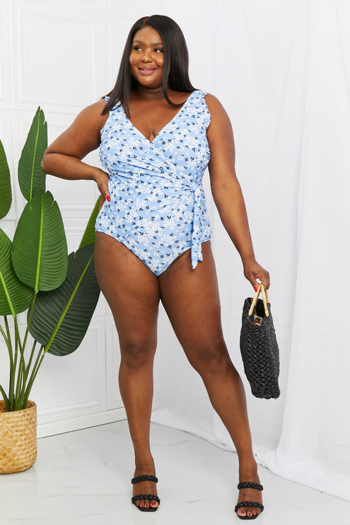 Marina West Swim Full Size Float On Ruffle Faux Wrap One-Piece in Blossom Blue-Modish